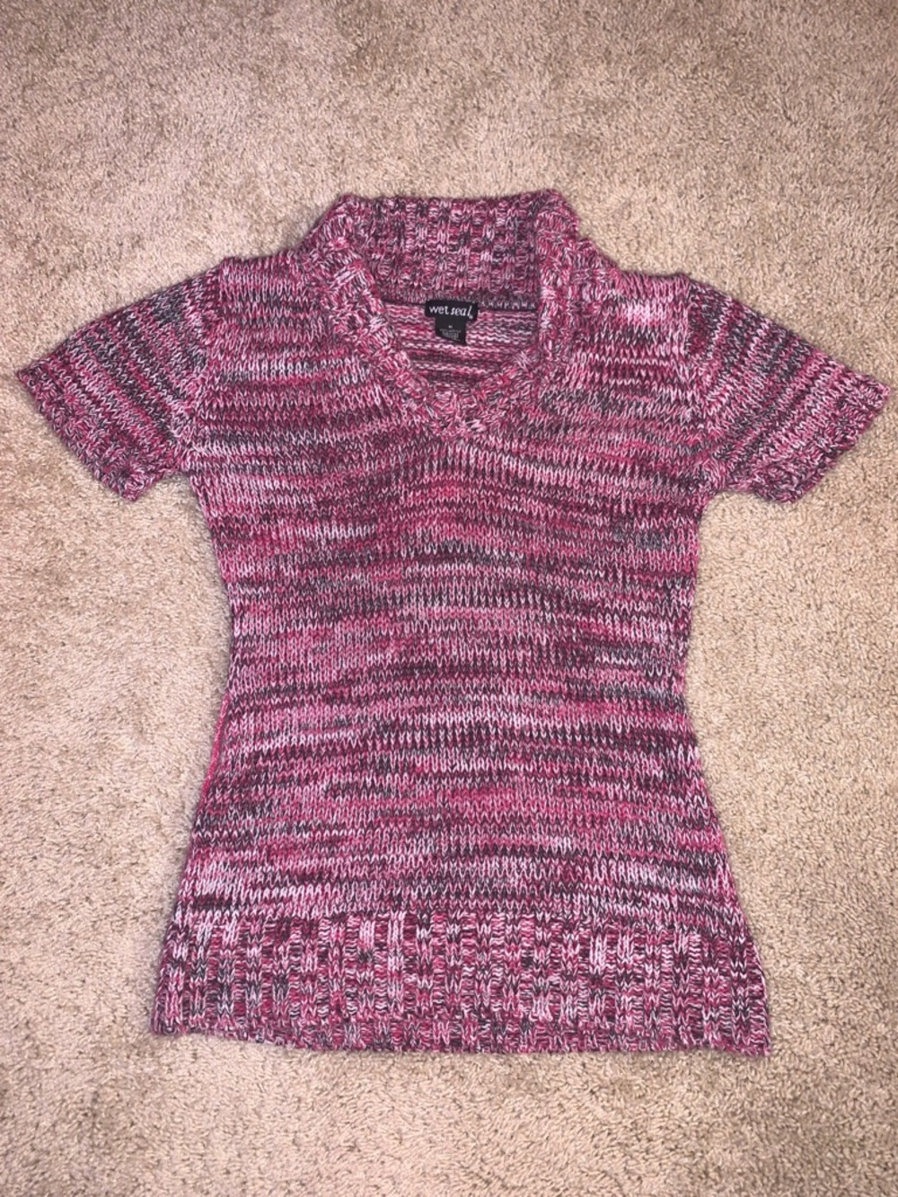 Vintage Y2K Wet Seal Women’s Marled Knit Pink V-Neck Collar Short Sleeve Sweater